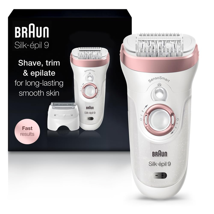 Braun Epilator Silk-épil 9 9-720 Braun Epilator Silk-épil 9 9-720, Hair Removal Device, Epilator for Women, Wet/Dry, Waterproof, 3-in-1 Epilate, Shave, or Trim, Salon-Like Smooth Skin, Womens Shaver & Trimmer, Cordless, Rechargeable